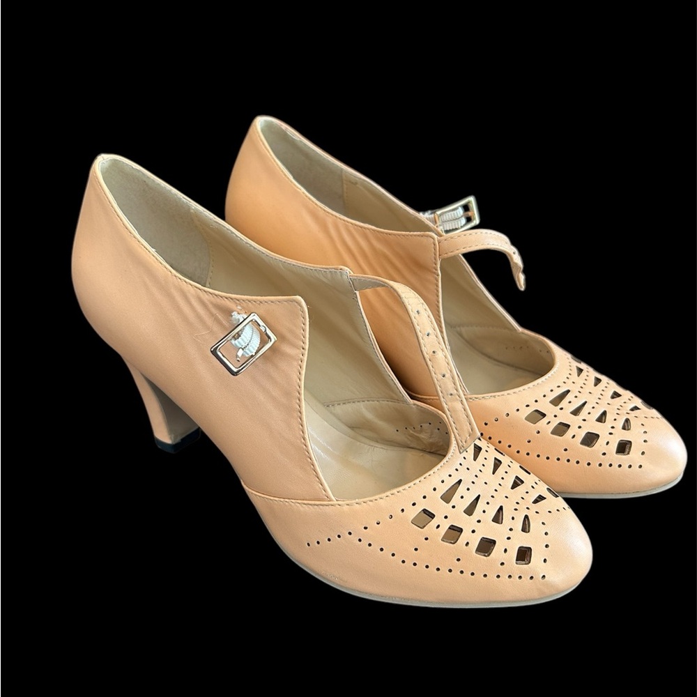 F5J Tan Heels with Mary Jane Strap and Kitten Heel